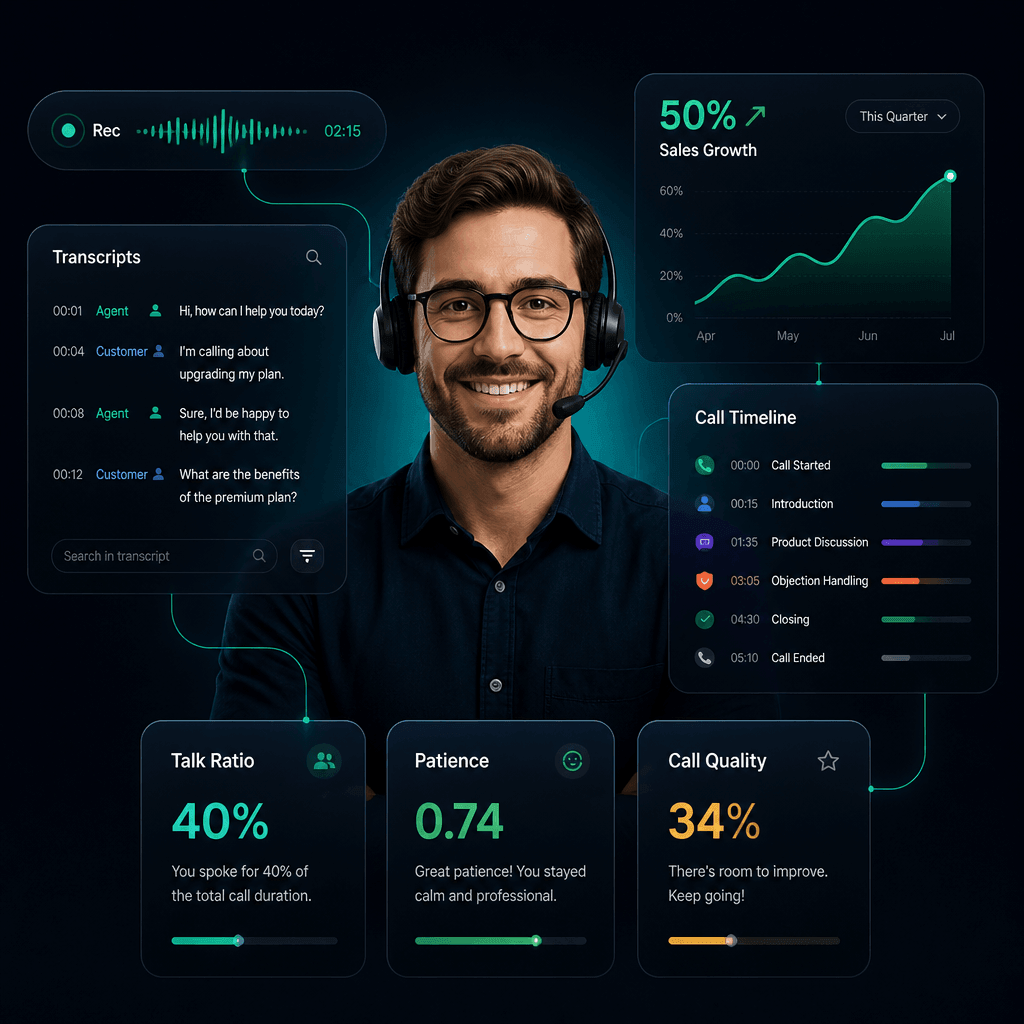 Zapbuild live call analysis dashboard showing intent score, compliance, tone and confidence