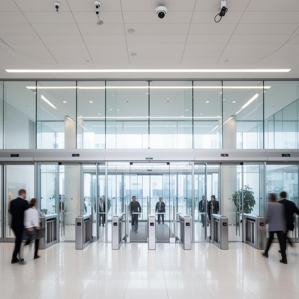 Corporate lobby with security cameras and turnstiles